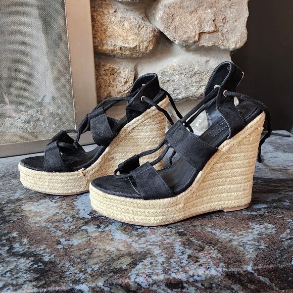 Forever 21 Shoes - Forever 21 Black Suede Wedge Espadrille Sandals Size 7